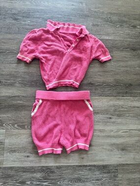 Posh By V Pink Knit Two-Piece Set - Short Sleeve Polo & Shorts